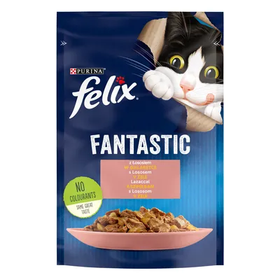 Purina Felix Fantastic Katzenfutter mit Lachs in Gelee, ohne Farbstoffe, gleiche grossartige Geschmacksqualität.