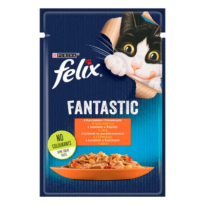 Purina Felix Fantastic karma dla kotów z kurczakiem i pomidorami w galarecie. Bez barwników, ten sam doskonały smak.