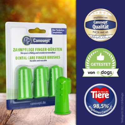 Canosept Zahnpflege Finger-Bürsten, brosses à dents vertes pour doigts, pack de 3. Texte visible : Von Tierärzten empfohlen, Getestet von edogs, 98,5 % empfehlen Canosept, Qualität.