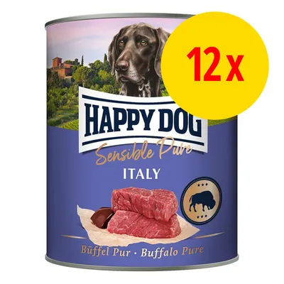 Boîte de nourriture pour chien Happy Dog Sensible Pure Italy, Büffel Pur Buffalo Pure, lot de 12x indiqué en jaune sur l’emballage. Image de viande et buffle visibles.