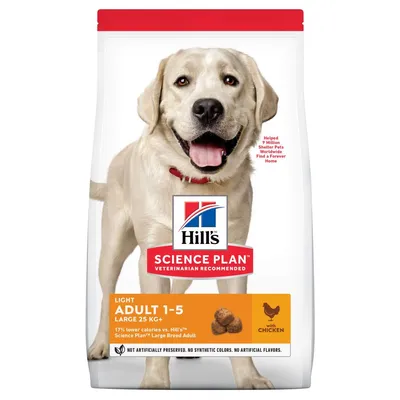 Hill's Science Plan Light Adult 1-5 Large 25kg+ with chicken, 17% lower calories than Hill's Science Plan Large Breed Adult, not artificially preserved or coloured.