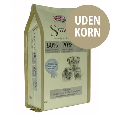 Simpsons Premium hundefoder 2 kg, 80 % chicken/fish/turkey, 20 % fruit/vegetables & botanicals, uden korn. Tekst: Glucosamine, MSM, Chondroitin, Cranberries, Prebiotics FOS.