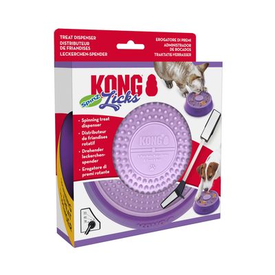 KONG Spinz Licks, draaiende snackdispenser. Verpakking toont product en gebruik met hond en kat.