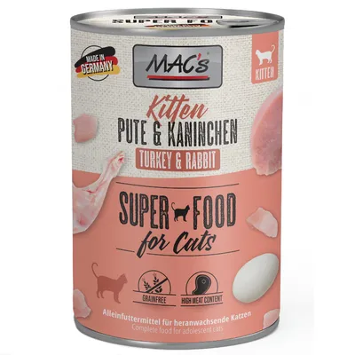 MAC's Kitten Pute & Kaninchen, Super Food for Cats, Made in Germany, getreidefrei, hoher Fleischanteil. Alleinfuttermittel für heranwachsende Katzen.