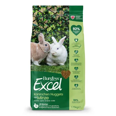 Burgess Excel kaninjanuggetit mintulla, 1,75 kg. Terveille hampaille ja ruoansulatukselle, runsaasti antioksidantteja. Suositellaan yli 16 viikkoa. Brittiläinen perheyritys, 92 % UK-eläinlääkäreistä suosittelee.