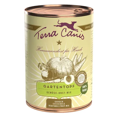 Terra Canis Hausmannskost für Hunde Gartentopf Gemüse-Obst-Mix, 100% Natur, garden casserole vegetable-fruit-mix tin with pumpkin, apple, carrot illustration. Text partly in German.