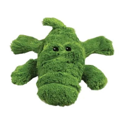 Grünes Plüschspielzeug in Form eines Krokodils mit schwarzen Augen, geeignet für Haustiere.