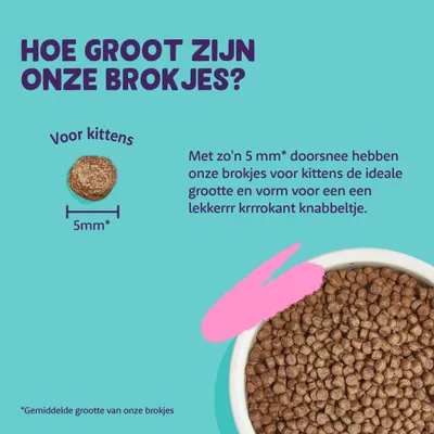 Hoe groot zijn onze brokjes? Voor kittens, doorsnee 5 mm. Met zo'n 5 mm* doorsnee hebben onze brokjes voor kittens de ideale grootte en vorm. *Gemiddelde grootte van onze brokjes.
