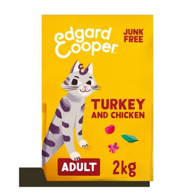 edgard cooper TURKEY AND CHICKEN ADULT 2kg JUNK FREE, gele verpakking met illustratie van kat
