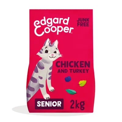 Edgard Cooper kattenvoer, CHICKEN AND TURKEY, JUNK FREE, SENIOR, 2kg. Verpakking toont illustratie van kat en bladeren.