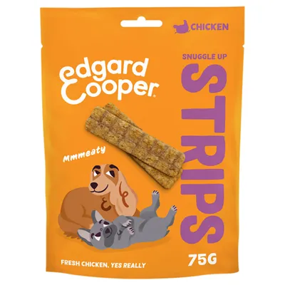 Edgard & Cooper Snuggle Up Strips kip, 75 g. Tekst op verpakking: CHICKEN, Mmmeaty, FRESH CHICKEN, YES REALLY. Twee hondenillustraties zichtbaar.