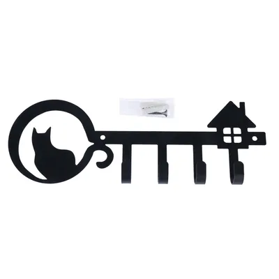 Black metal key holder with cat and house motif, five hooks. Includes mounting screws and wall plugs.