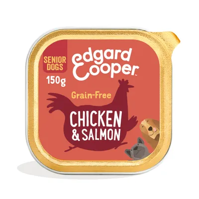 Edgard Cooper SENIOR DOGS Grain-Free kip & zalm natvoer, 150 g. Illustratie van kip, hond en kat op de verpakking. Edgard Cooper SENIOR DOGS Grain-Free kip & zalm natvoer, 150 g. Illustratie van kip, hond en kat op de verpakking.