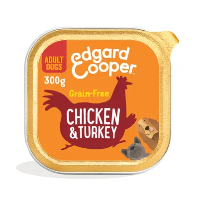 Edgard Cooper Adult Dogs 300g Grain-Free Chicken & Turkey natvoer verpakking, oranje met kipafbeelding en hondenillustraties