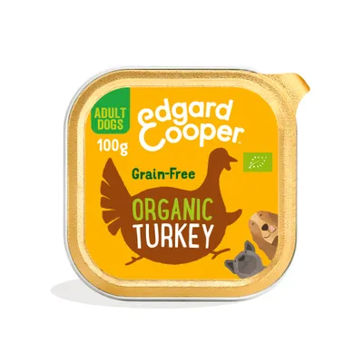 Edgard Cooper Adult Dogs 100g, Grain-Free, Organic Turkey. Groen EU-biologisch keurmerk zichtbaar op verpakking.