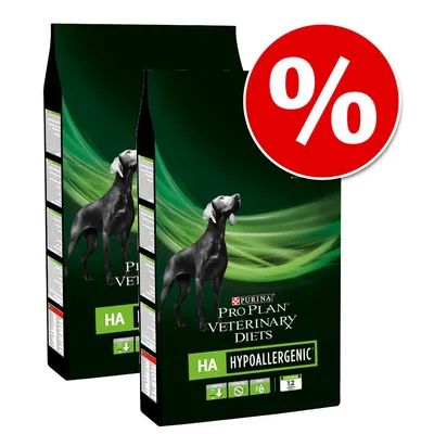 Dwie torby karmy Purina Pro Plan Veterinary Diets HA Hypoallergenic z psem na opakowaniu, widoczny znak procentowy informujący o promocji.