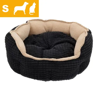 Sort og beige rund katteseng eller hundeseng i størrelse S, tekstilmateriale med blød inderside. Ikoner af hund og kat samt bogstavet S vises øverst til venstre.