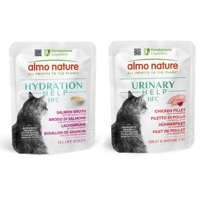 Almo Nature Hydration Help HFC Ziegenmilch, natürliche Umami-Zutaten, geeignet für alle Lebensphasen. Fondazione Capellino, Zutaten ursprünglich für menschlichen Verzehr, jetzt Katzenfutter.