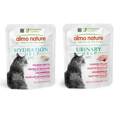 Preț special! 6 pliculețe x 50 g Almo Nature HFC + 40% reducere la 6 pliculețe x 50 g  - Supă de somon cu file de somon + File de pui cu merișoare