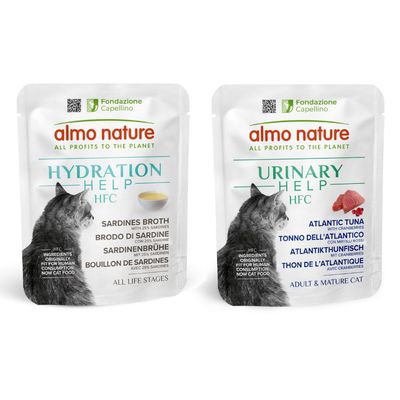 Almo Nature Hydration Help HFC Ziegenmilch, natürliche Umami-Zutaten, geeignet für alle Lebensphasen. Fondazione Capellino, Zutaten ursprünglich für menschlichen Verzehr, jetzt Katzenfutter.