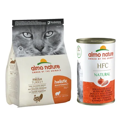 Kombipakke: Almo Nature tør- & vådfoder - 2 kg Holistic Kalkun & Ris + 6 x 140 g HFC Kylling & Græskar