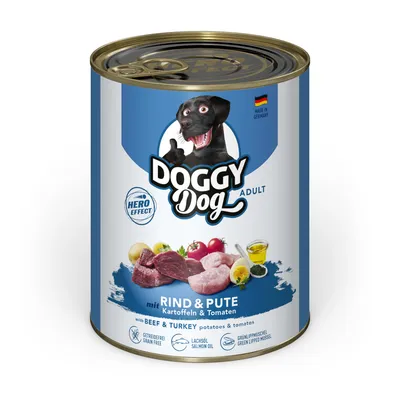 Doggy Dog Adult våtfoder med nötkött och kalkon, potatis och tomater. Tillverkat i Tyskland, spannmålsfritt, laxolja, grönläppad mussla. Hero Effect-logotyp synlig.