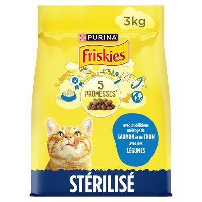 Purina Friskies Sterilisé krmivo pro kočky, 3 kg. S lososem, tuňákem a zeleninou. Obal zobrazuje „5 Promesses“ se symboly kvality a udržitelnosti.