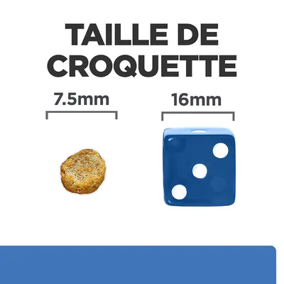 Taille de croquette : diamètre 7,5 mm comparé à un dé bleu de 16 mm. Informations visuelles pour évaluer la taille réelle du produit.