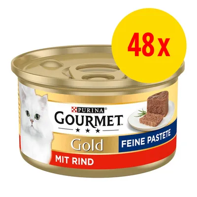 PURINA Gourmet Gold Feine Pastete mit Rind, 48x Dose. Abbildung einer geöffneten Pastete und einer weißen Katze auf der Verpackung.