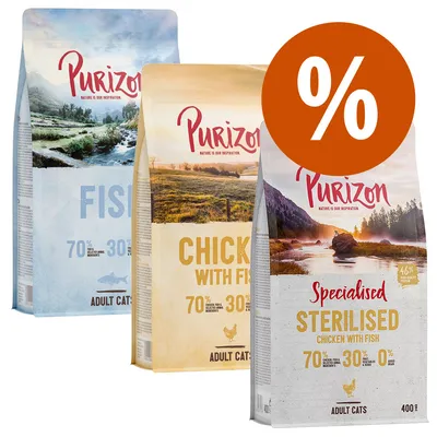 Purizon сухой корм для кошек: Fish, Chicken with Fish и Sterilised Chicken with Fish. 70% мясо и рыба, 30% овощи, 0% зерно. Предложение с процентным знаком.