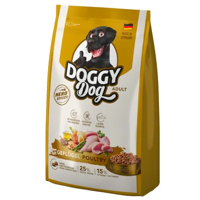 Doggy Dog Adult корм для собак с свежим мясом птицы, без зерна, с лососевым маслом. Сделано в Германии. 25% белка, 15% жира.