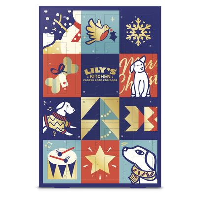 Lily's Kitchen adventtikalenteri koirille, juhlava design, 24 luukkua, koirien, lumihiutaleiden, tähtien ja lahjojen kuvitus.