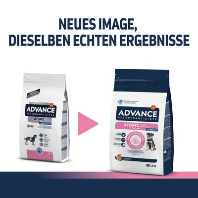 Advance Veterinary Diets Atopic Hundefutter. Neues Verpackungsdesign, dieselben echten Ergebnisse. Links alte Verpackung, rechts neue Verpackung mit verbesserten Details.