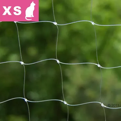 Siatka z przezroczystego tworzywa, w lewym górnym rogu różowy prostokąt z białym napisem XS i sylwetką kota. Siatka z przezroczystego tworzywa, w lewym górnym rogu różowy prostokąt z białym napisem XS i sylwetką kota.