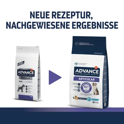 Advance Veterinary Diets Articular. Neue Rezeptur, nachgewiesene Ergebnisse. Verbesserte Mobilität um 82% in 2 Monaten. Verpackung links: 12kg weiss, rechts: 12kg dunkelblau.