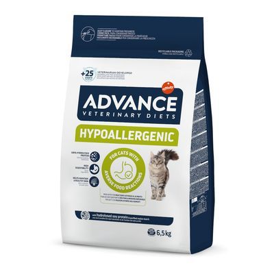 Advance Veterinary Diets Hypoallergenic, for cats with adverse food reactions, 6.5kg bag. Contains hydrolysed soy protein and is developed by veterinarians.