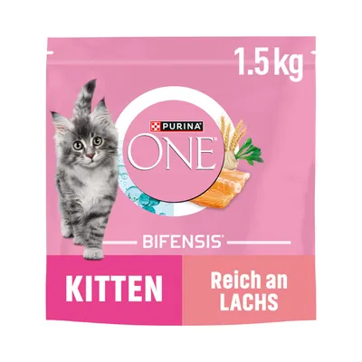 Purina ONE Bifensis Kitten, rich in salmon, 1.5 kg. Pink packaging with image of a grey cat and ingredients such as salmon and grains.