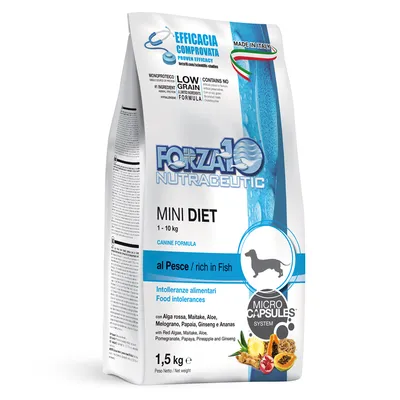 Forza10 Nutraceutic Mini Diet hundfoder, 1–10 kg, al Pesce/rich in Fish, 1,5 kg. Text: Efficacia comprovata, Made in Italy, Low Grain Formula, Micro Capsules System, ingredienser visas.