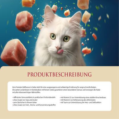 Texte en allemand : Produktbeschreibung. Liste d’ingrédients et de caractéristiques du produit pour alimentation féline, y compris vitamines D3, E, taurine, sans soja ni sucre.