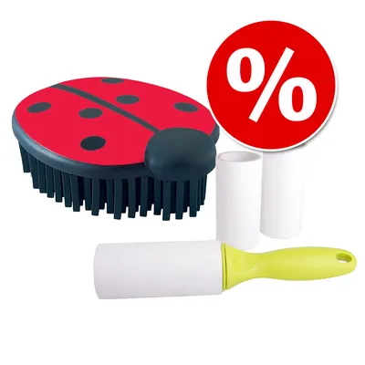 Brosse en forme de coccinelle avec picots noirs, rouleau adhésif jaune et deux recharges, pastille rouge avec symbole pourcentage blanc indiquant une offre promotionnelle.