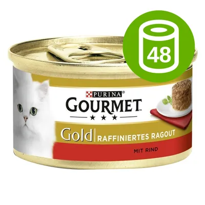 Purina Gourmet Gold Raffiniertes Ragout mit Rind, puszka z wizerunkiem białego kota; zielona ikona z symbolem puszki i liczbą 48 oznacza zestaw 48 sztuk.