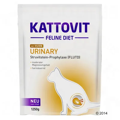 Kattovit Feline Diet Urinary mit Huhn, Struvitstein-Prophylaxe (FLUTD), moderater Magnesiumgehalt, harnsäuernd, 1250 g. Text på tyska.