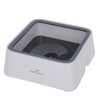 Eyenimal weisser und grauer Wassernapf mit integriertem Filter, quadratisches Design.