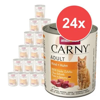 24x Animonda Carny Adult Rind + Huhn, 100% frische Zutaten, ohne Getreide, Made in Germany, s obrázkem kočky a masa na etiketě konzervy.