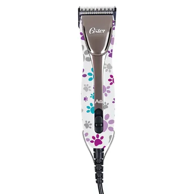 Oster A6 pet hair clipper with colourful paw pattern, ergonomic design and cable connection.
