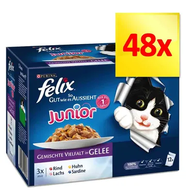Purina Felix Junior, 48x saszetek w galarecie, smaki: wołowina, kurczak, łosoś, sardynka. Widoczny napis: do 1 roku, 100% witamin, minerałów, białka.