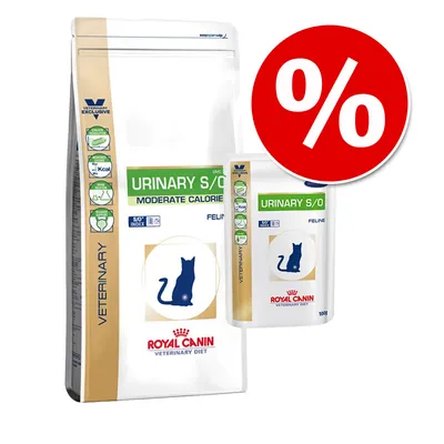 Royal Canin Veterinary Diet Urinary S/O Moderate Calorie Feline. Tørfoder og vådfoder til katte med rødt procenttegn for rabat.