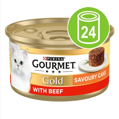 Gold savoury cake with beef, 24 cans pack indicated by green icon with number 24 and can symbol.