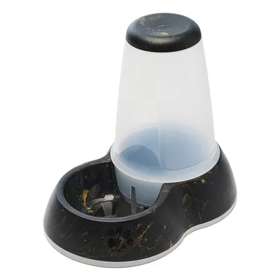Food and water dispenser with black base and transparent container, suitable for automatic refilling.