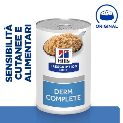 Hill's Prescription Diet Derm Complete, lattina con cibo umido. Testo visibile: SENSIBILITÀ CUTANEE E ALIMENTARI, ORIGINAL.